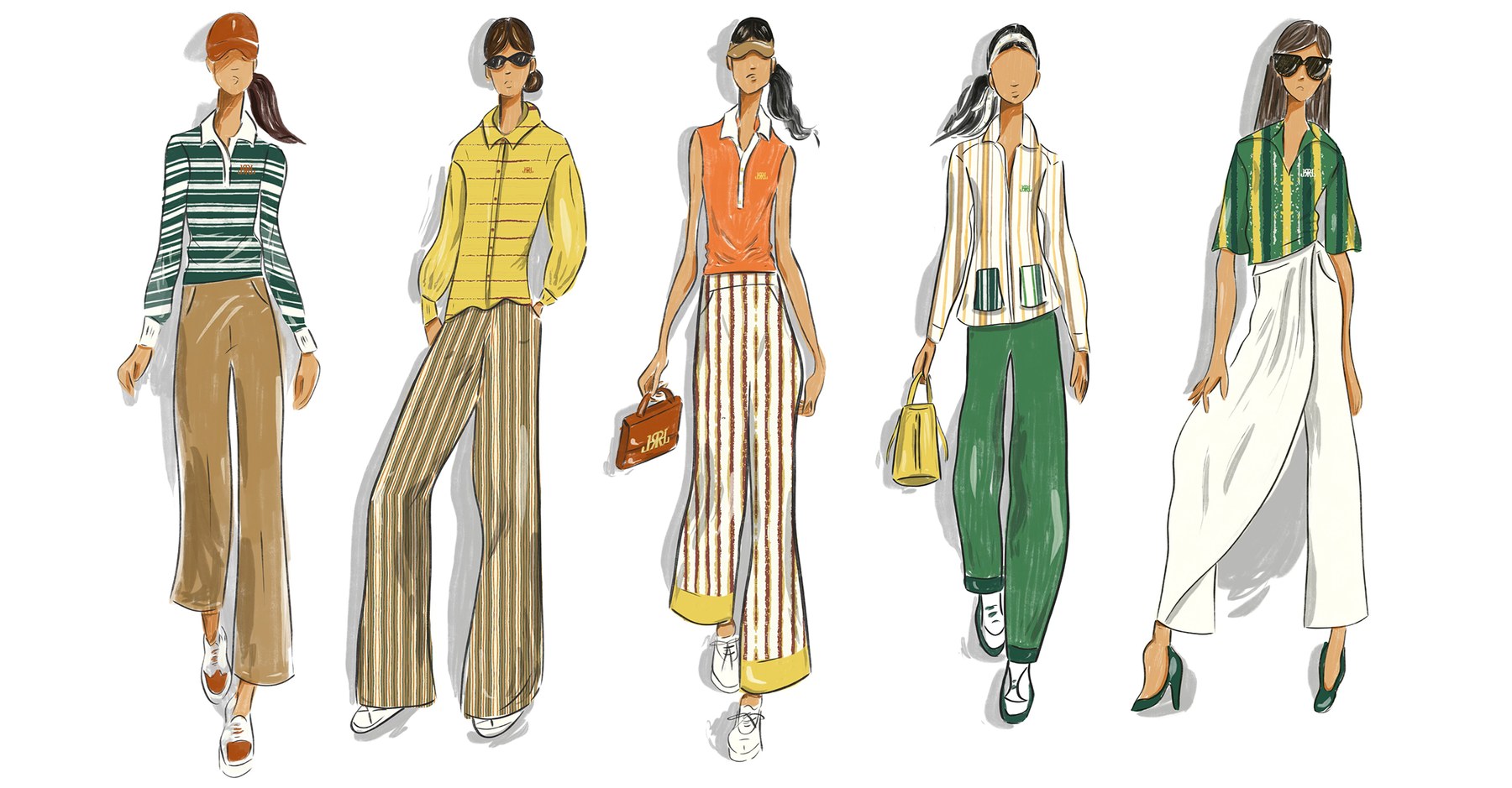 The five-look collection, illustrated