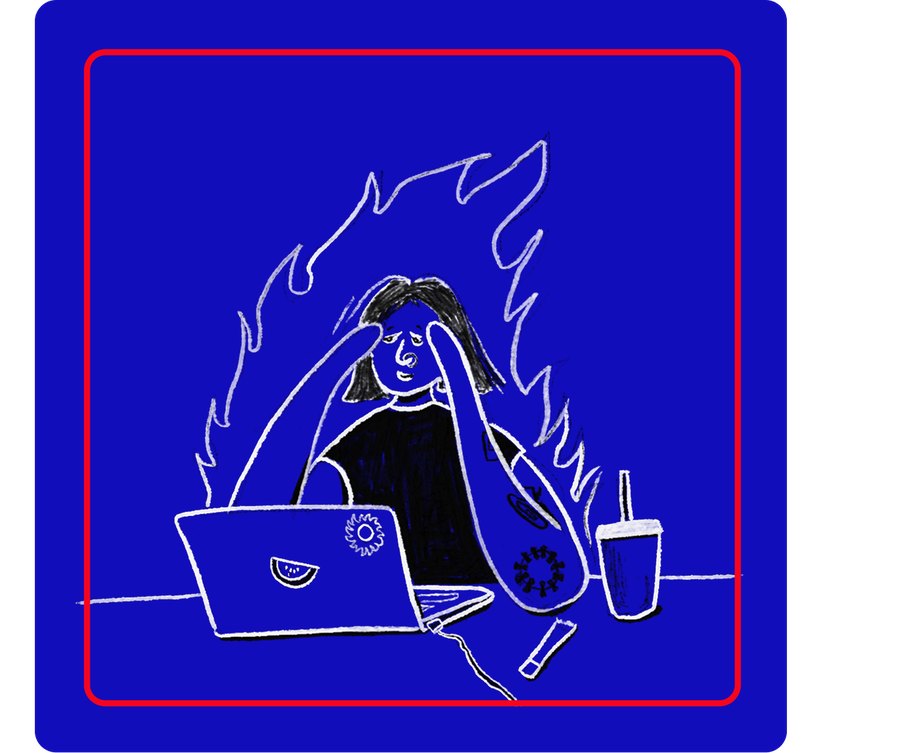 Line drawing of Mehul working at a laptop